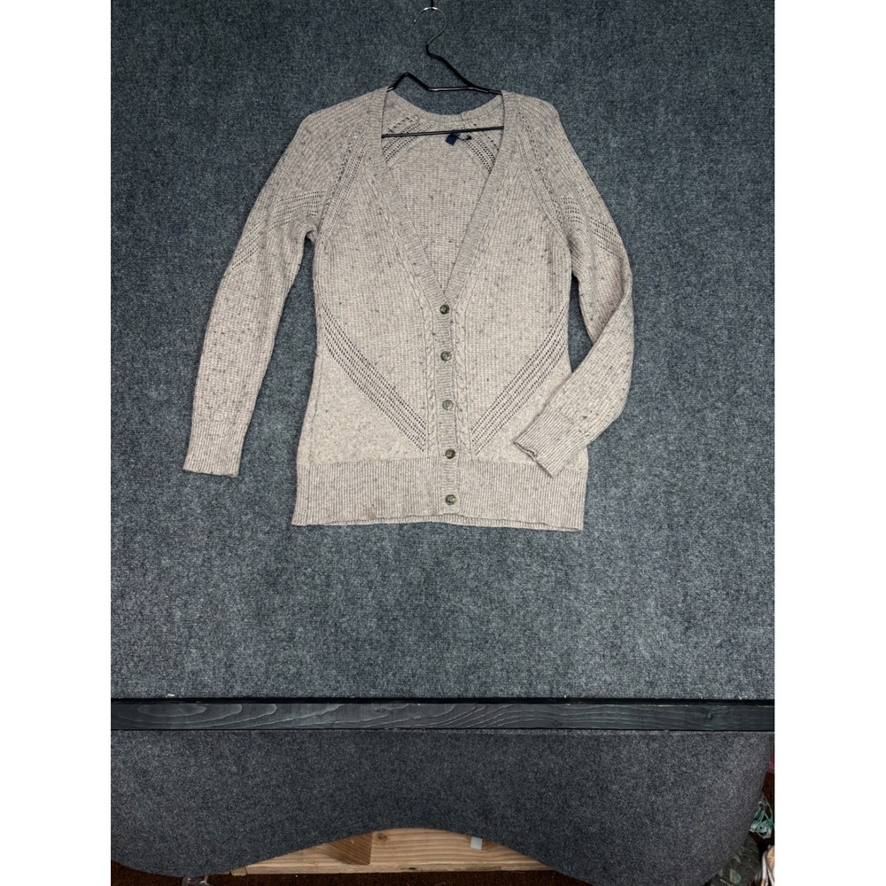 American Eagle Cardigan Sweater Womens M Tan Marl V-Neck Cable Pointelle Knit - Picture 2 of 11